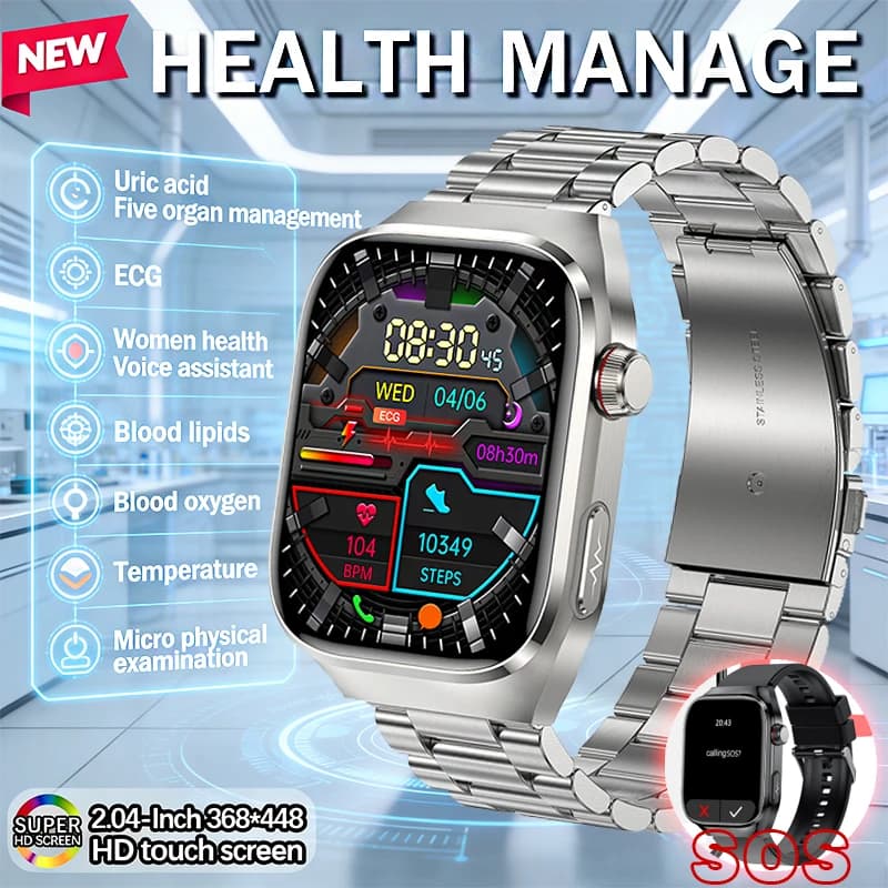 New Smartwatch 2026 with ECG, Lipids in Blood, Urico Acid, Temperature, 650mAh Battery, IP68 Waterproof, BT Calls, For Men and Women