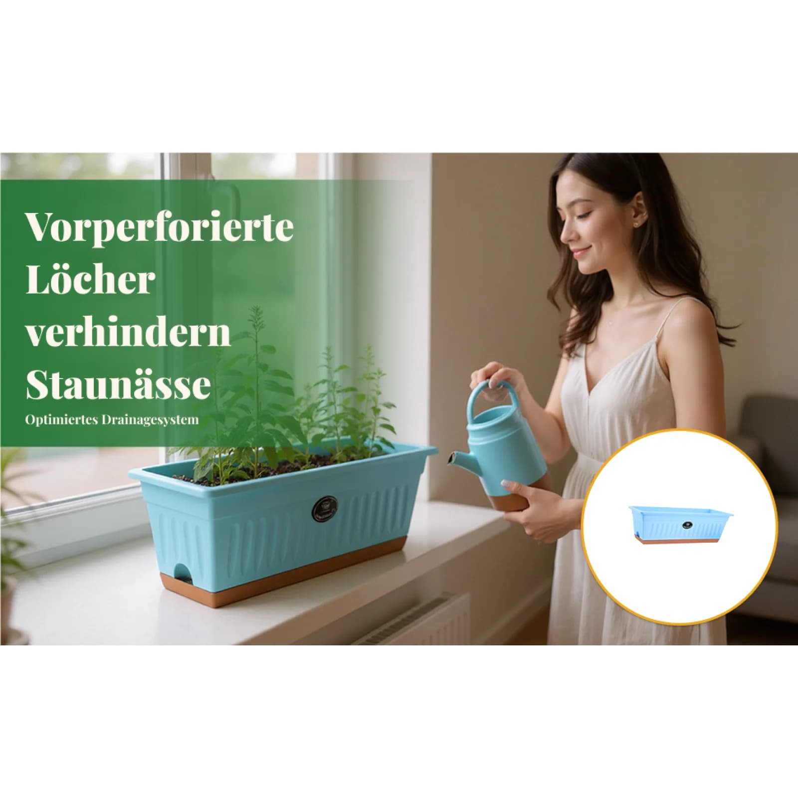 Rectangle Window Planter Box Plastic Garden Plant Pot Tray with Drainage for Outdoor Indoor Kitchen Balcony Flower Bed