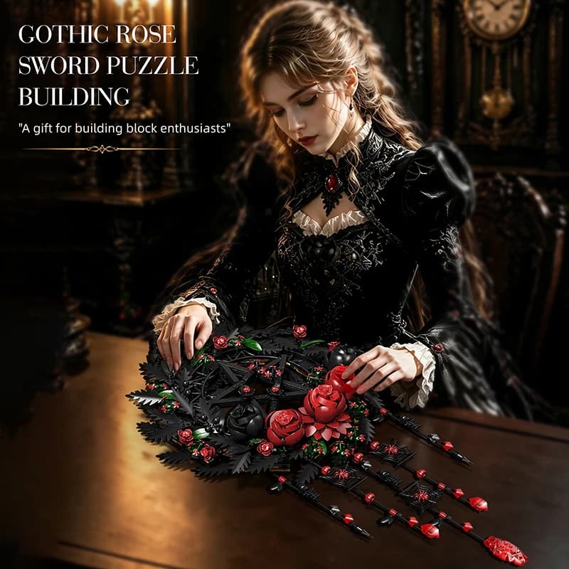 Gothic Style Black and Red Rose Dreamcatcher Building Blocks, Dark and Mysterious Assembly, Dark Pentagram Dreamcatcher Building Blocks, Star Ring Rose Art Wall Decoration
