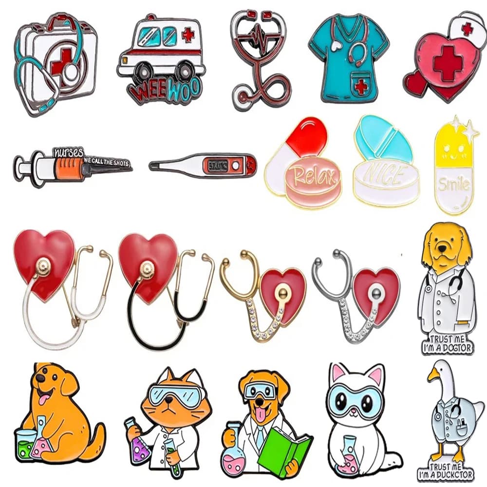 Spilla medica in metallo Tubo ad ago Stetoscopio Kit di pronto soccorso Gatto Infermiera Cane Medico Animale Paziente Distintivo medico Perni punk Gioielli
