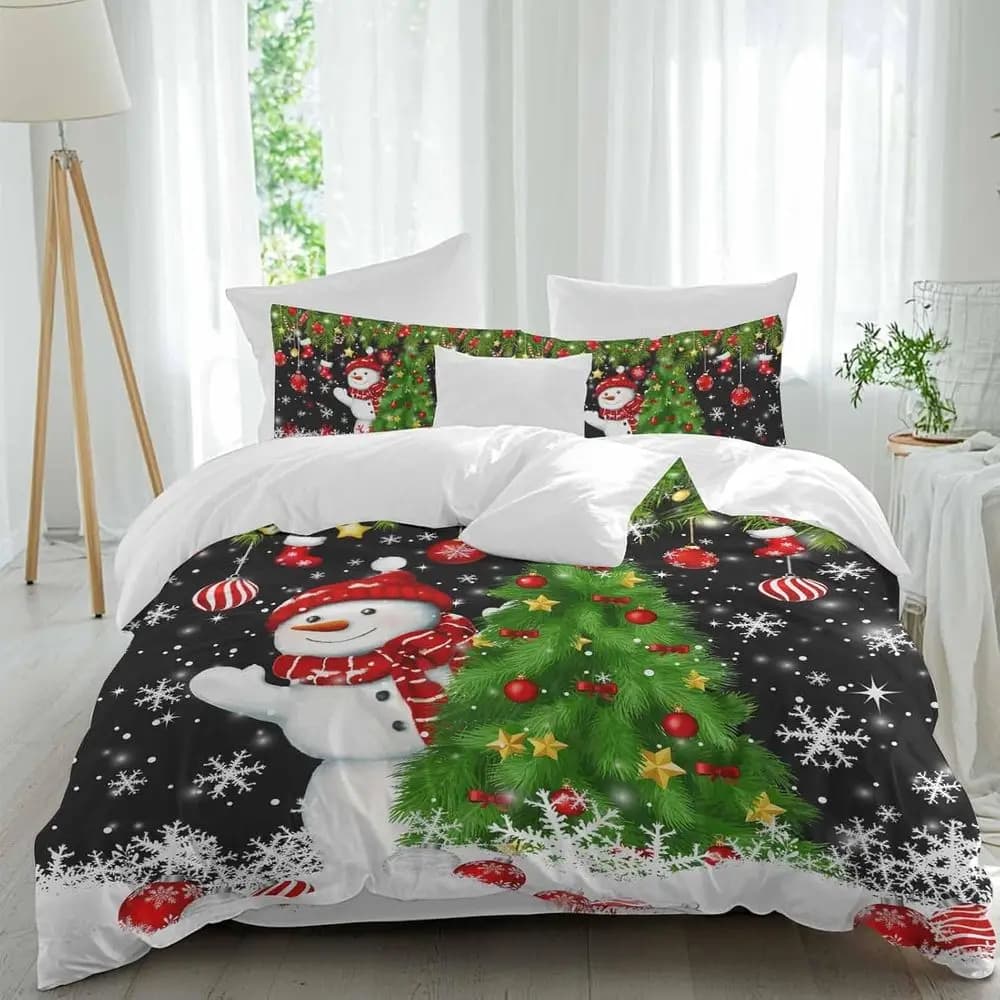 Set di lenzuola natalizio, con palline e aghi di pino, motivo lago invernale nero, 4 pezzi, traspirante, set copripiumino Sot, biancheria da letto accogliente