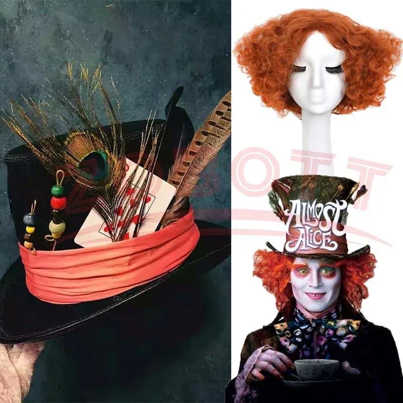 Mad Hatter Wigs Short Orange Red Curly Wig Alice In Wonderland 2 Halloween Carnival Party Cosplay And Hats NM31