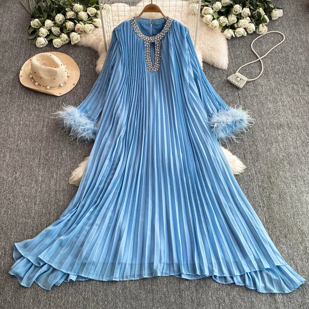 Long Long Dresses Crystal Woman 2025 Spring Summer Vacation Fur Full Sleeve Pleated Chiffon Dress Wedding Dress for Party
