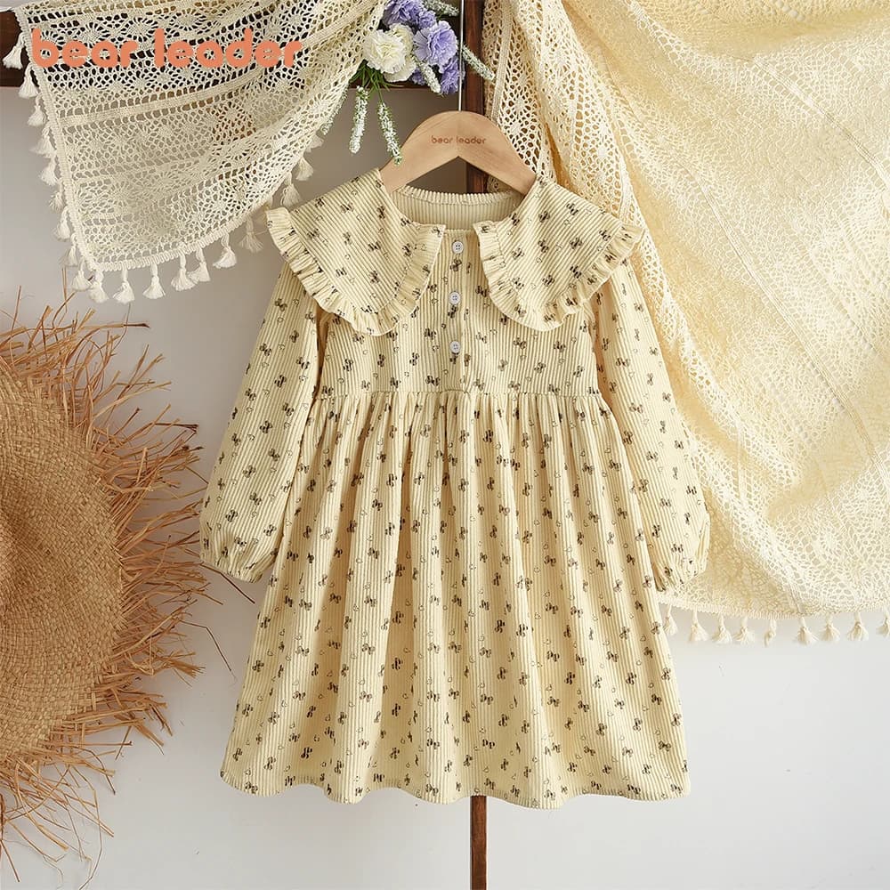 Bear Leader Korean Style Children's Clothing Autumn Fashionable Casual Girls Dresses Bow Print Lapel Beige Long Sleeved Dress