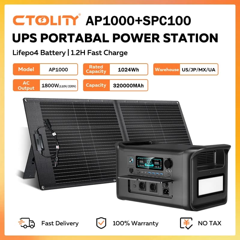 Generatore Solare CTOLITY AP1000 1800W con Pannello Solare 100W, Stazione di Alimentazione Portatile 1024Wh, Batteria LiFePO4, Uscita AC Onda Sinusoidale Pura