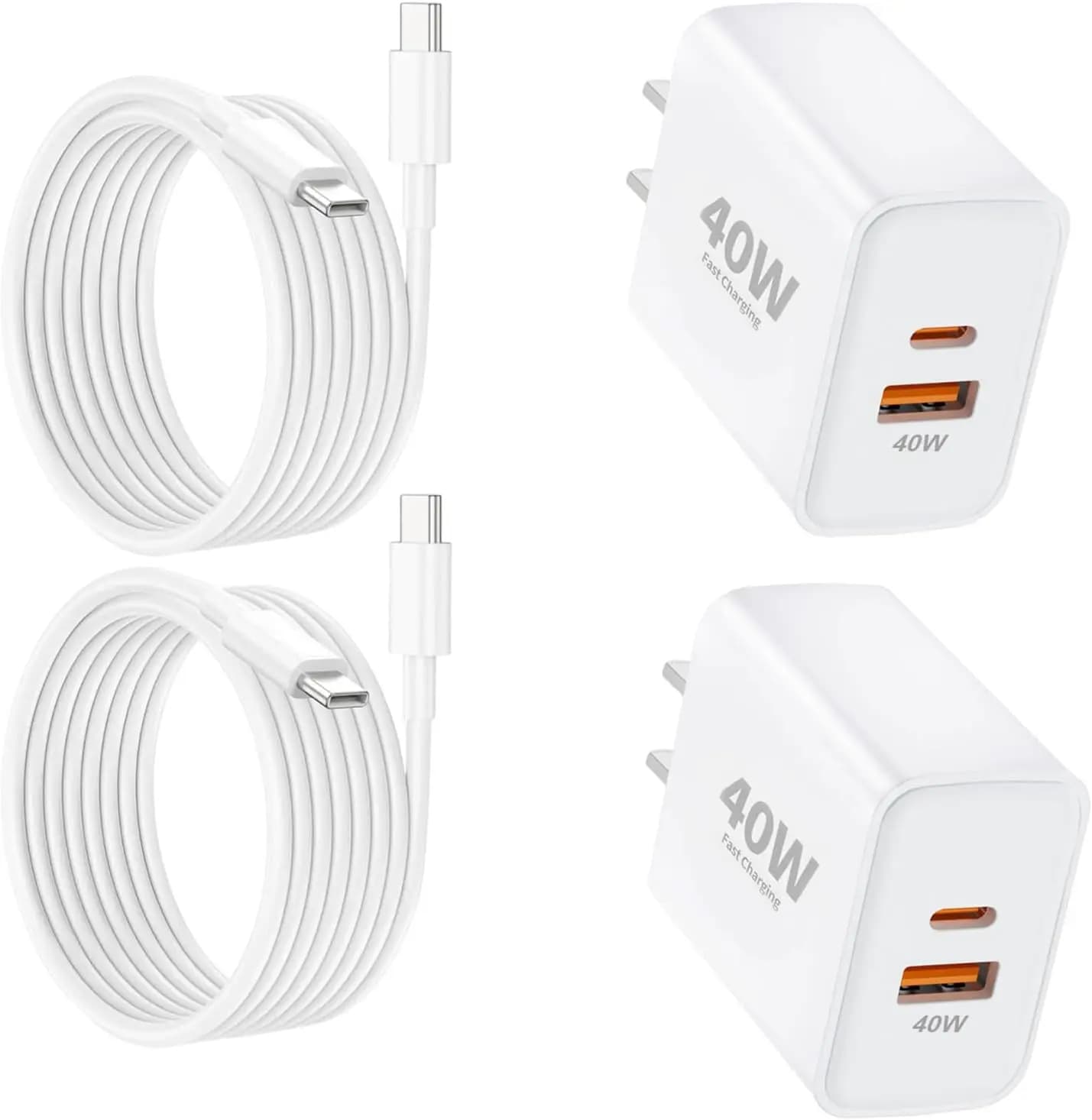 40W Fast Charger 2-Pack with USB-C & USB-A, 6FT Type-C Cable for iPhone 17/16/15 Series & iPad Pro