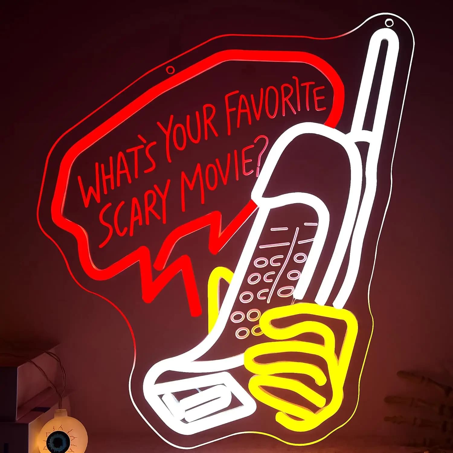 Insegna al Neon USB 'Qual è il Tuo Film Horror Preferito' Luce LED Gotica per Sala Cinema, Bar, Sala Giochi, Decorazione Camera da Letto