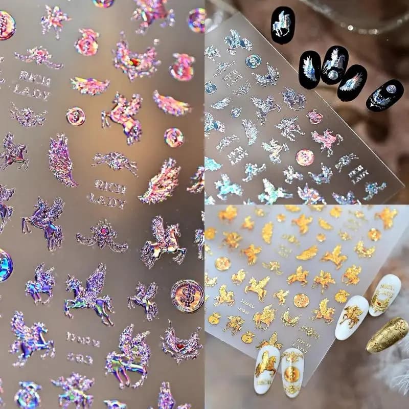 Adesivi per unghie di lusso leggero e sognante a forma di pony, decorazioni per unghie a tema cartone animato Anno del Cavallo, decorazioni fai da te per unghie di Capodanno