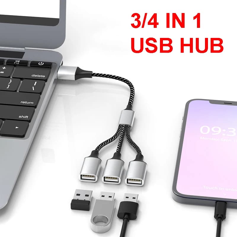 USB Splitter Adapter Cable 1 in 3 Out 4 Port OTG Convertor Type C Extension Power Data for Laptop Keyboard Game Controller Mouse