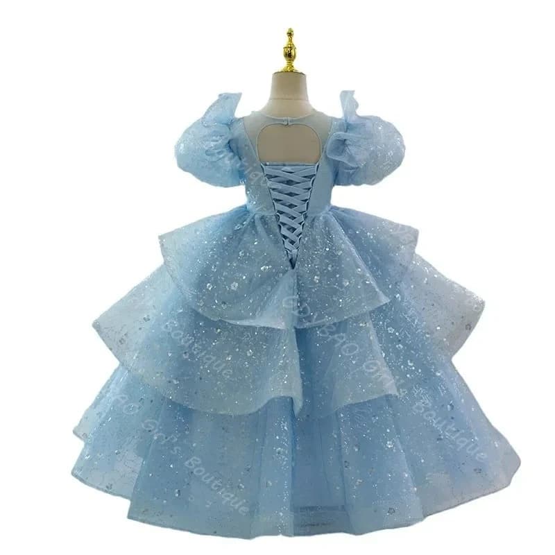 Abito da principessa per ragazze con fiori glitterati, maniche a sbuffo, paillettes, tulle a strati, scollo di perle, abito formale da spettacolo per feste di matrimonio personalizzato