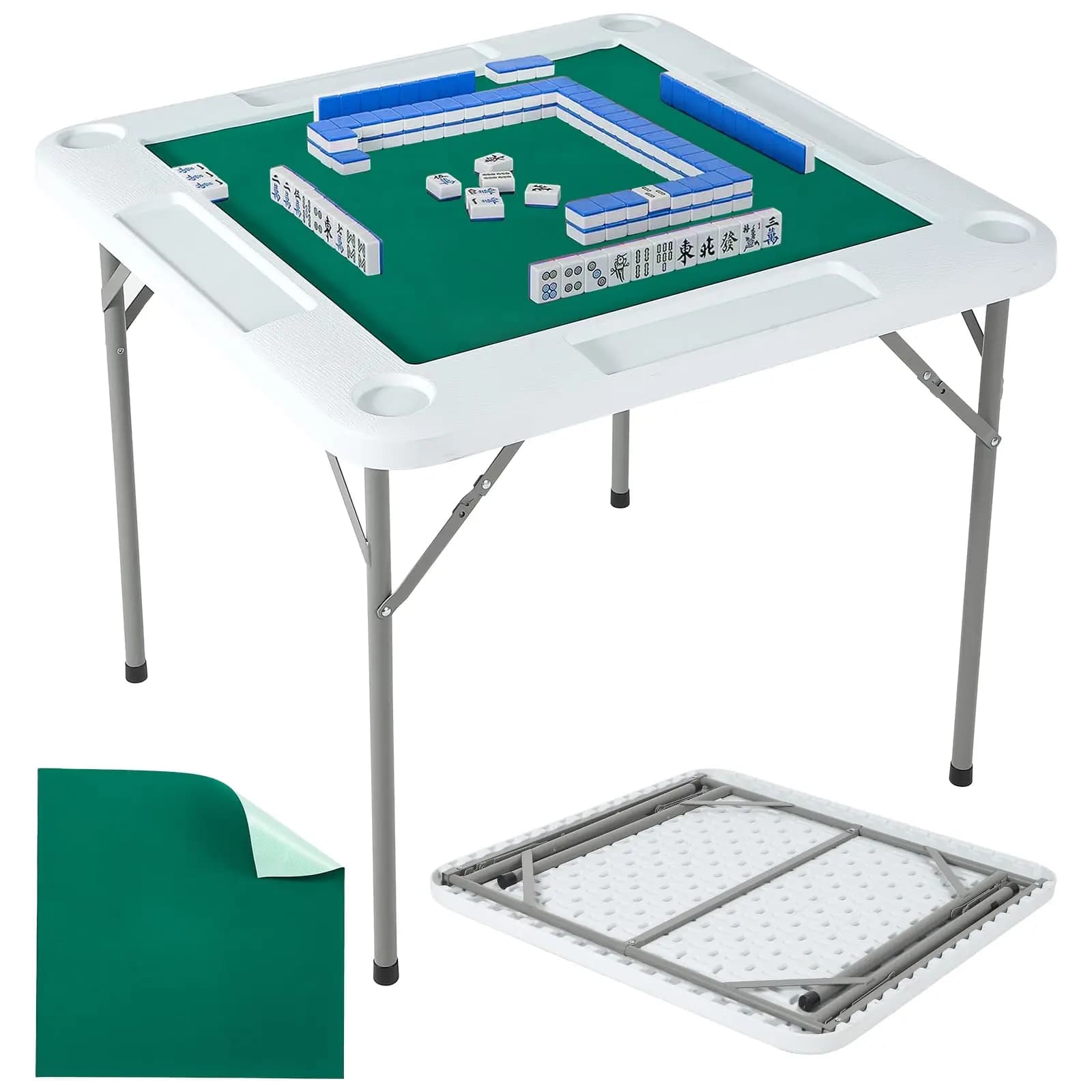 Tavolo Pieghevole per Mahjong e Domino da 35,4 Pollici, Tavolo Quadrato per 4 Giocatori con Portabicchieri e Vassoi per Fiches, Tavolo da Gioco Portatile Verde