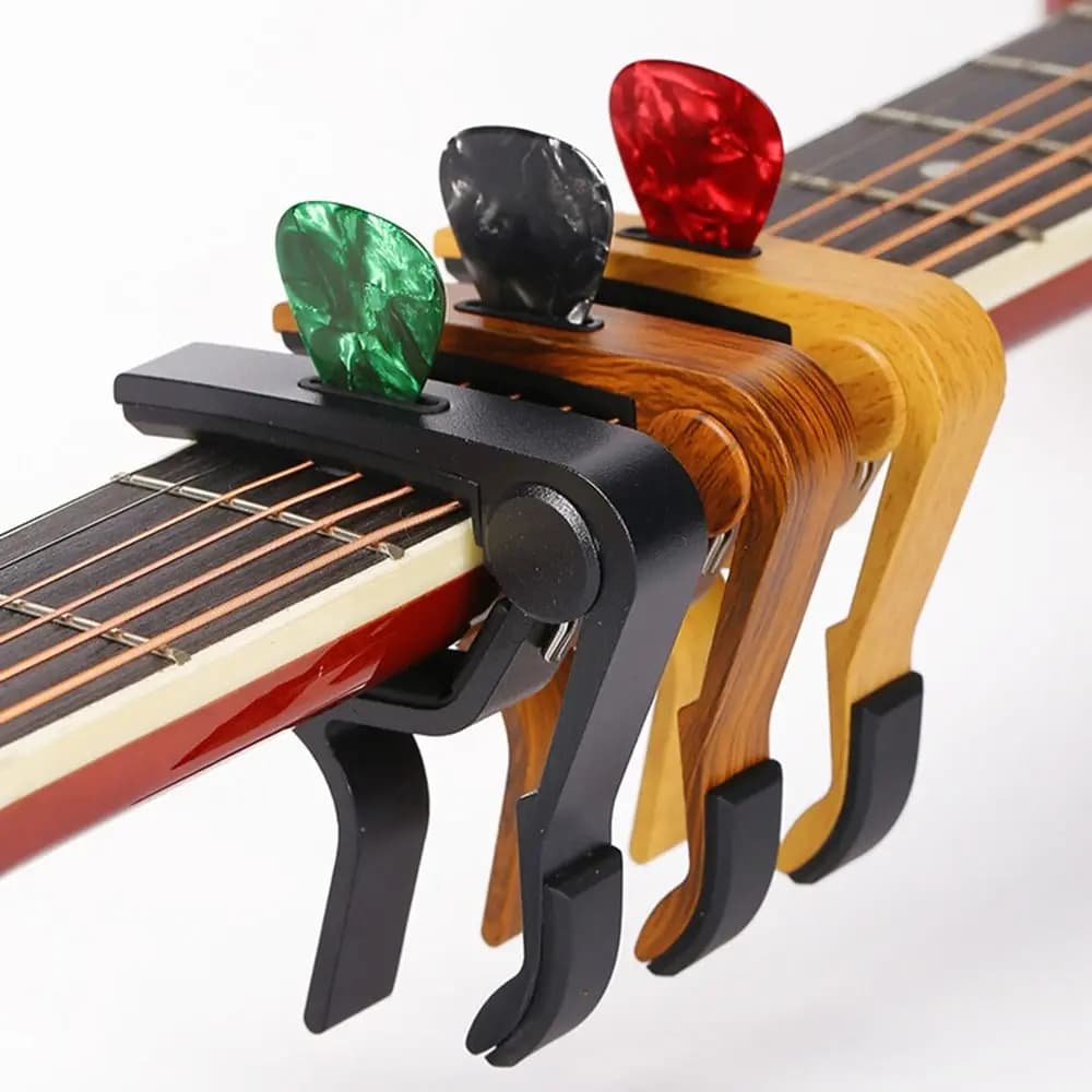 Capotasto per Chitarra in Legno di Rosa con Grana, Supporto per Plettro in Lega di Alluminio con Imbottitura in Gomma Stabile, Sgancio Rapido e Fluido