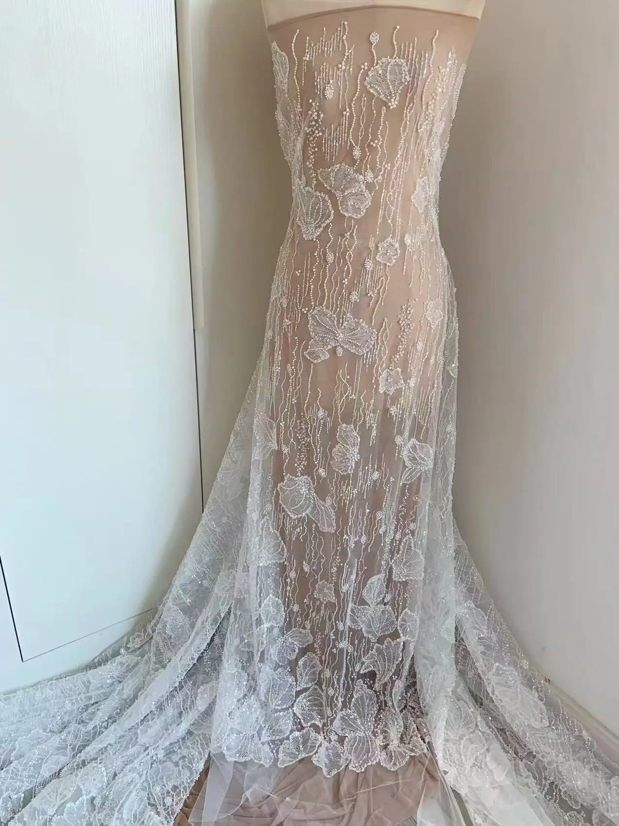 1 Yard Off White Heavy Seed Beads Sequined Tulle Lace Fabric With Shell Shape for Wedding Dress,Party Costume,Tassel Ball Gown