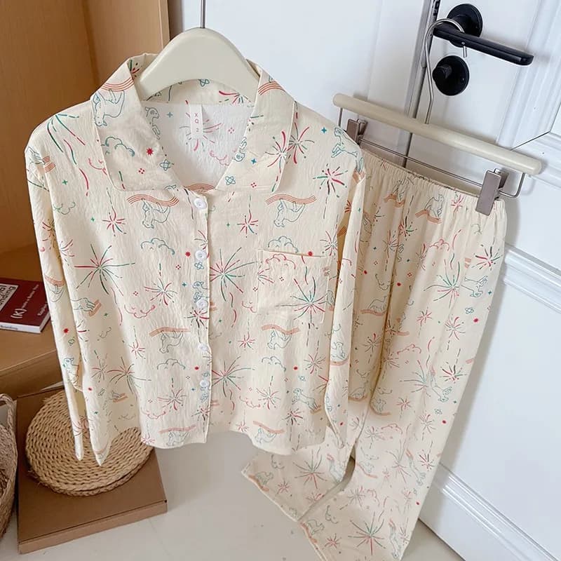 Women's Pajamas Set Cute Fun Print Sleepwear Button Long Pajama 2 Piece Suit Pyjama Femme Nightwear Loungewear for Autumn New