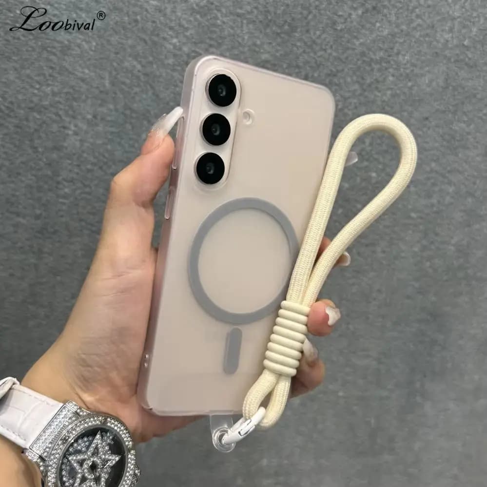 Custodia Magnetica Opaca con Laccetto da Polso per Samsung Galaxy S25 S26 Ultra S22 S23 S24 Plus S21 FE A55 A56 A16 A17 - Cover Rigida