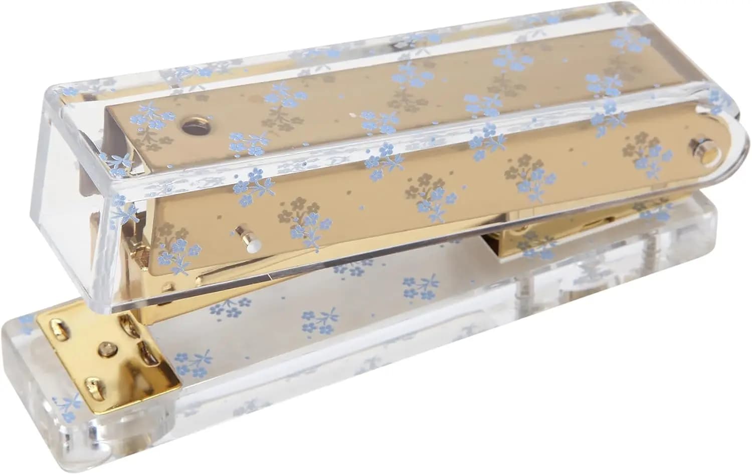 Cucitrice da scrivania in oro e acrilico con decorazioni floreali – Cucitrice da ufficio compatta ed estetica da 5 pollici per casa, scuola e lavoro