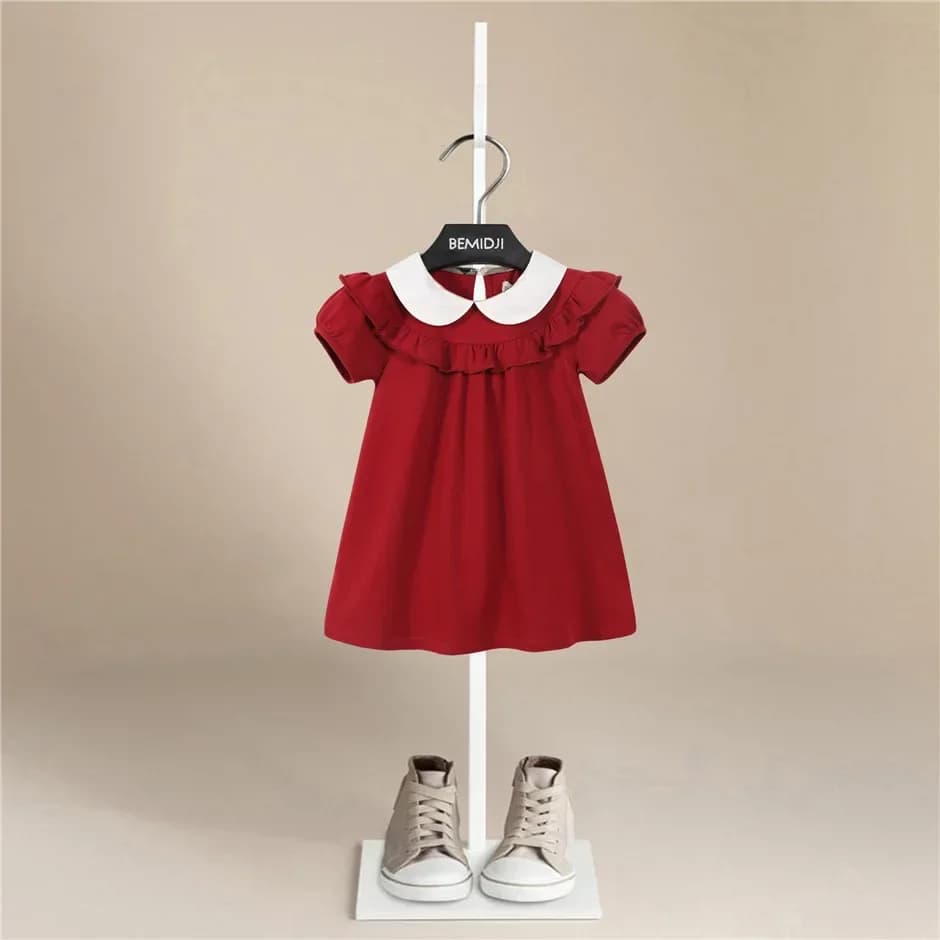 Summer New Red Dress for Kids Cotton Sweet and Cute Princess Dress Girl Dress for Kids Skirt Collar For Kids