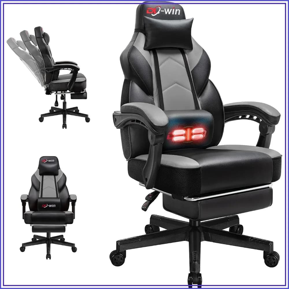Gaming Chair with Footrest, High Back, Massage Lumbar Support, 360° Swivel, Height Adjustable, Grey