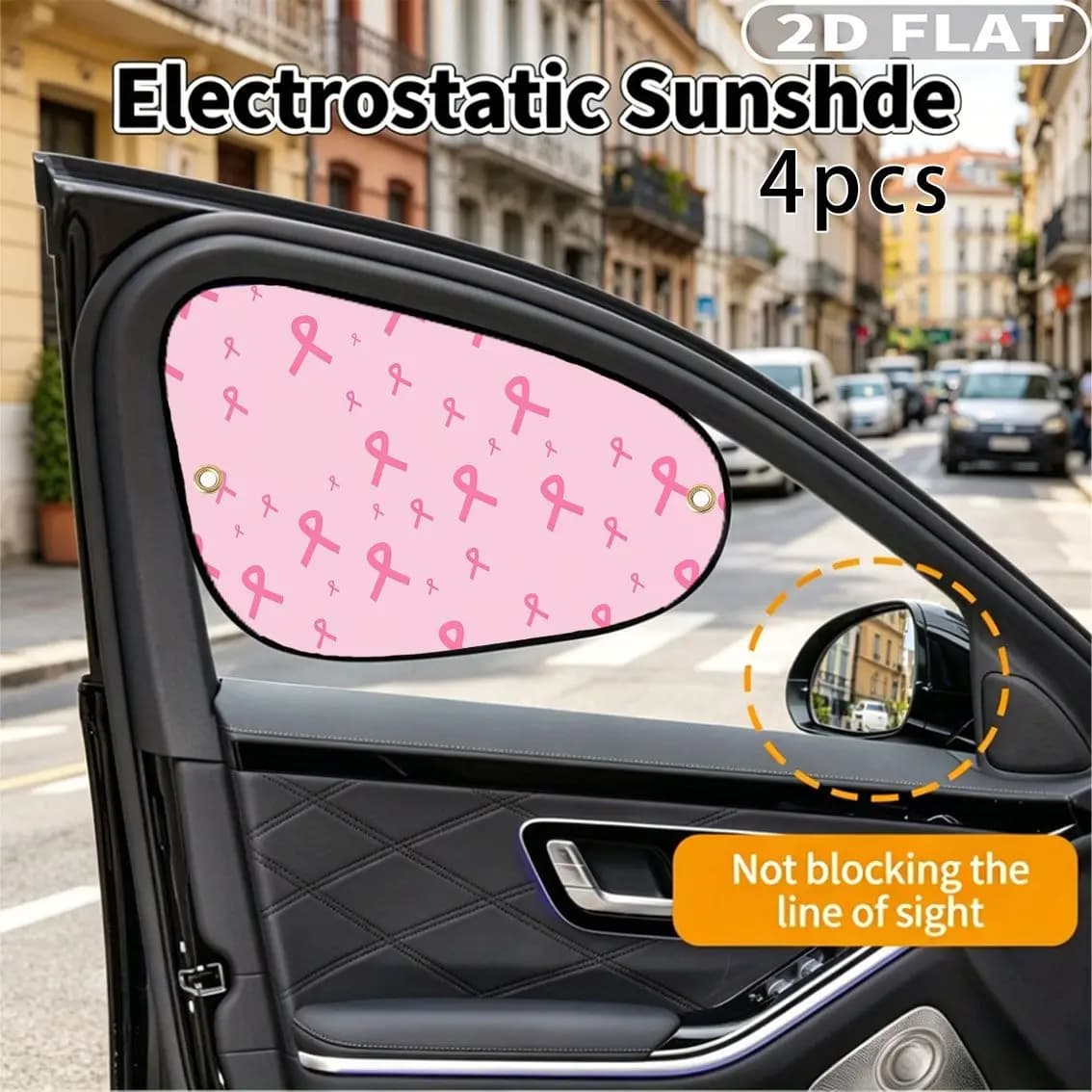 4pcs Car Side Window Sunshades with 8 Suction Cups, Pink Breast Cancer Awareness Ribbon Print, Car Side Window Blackout Curtains