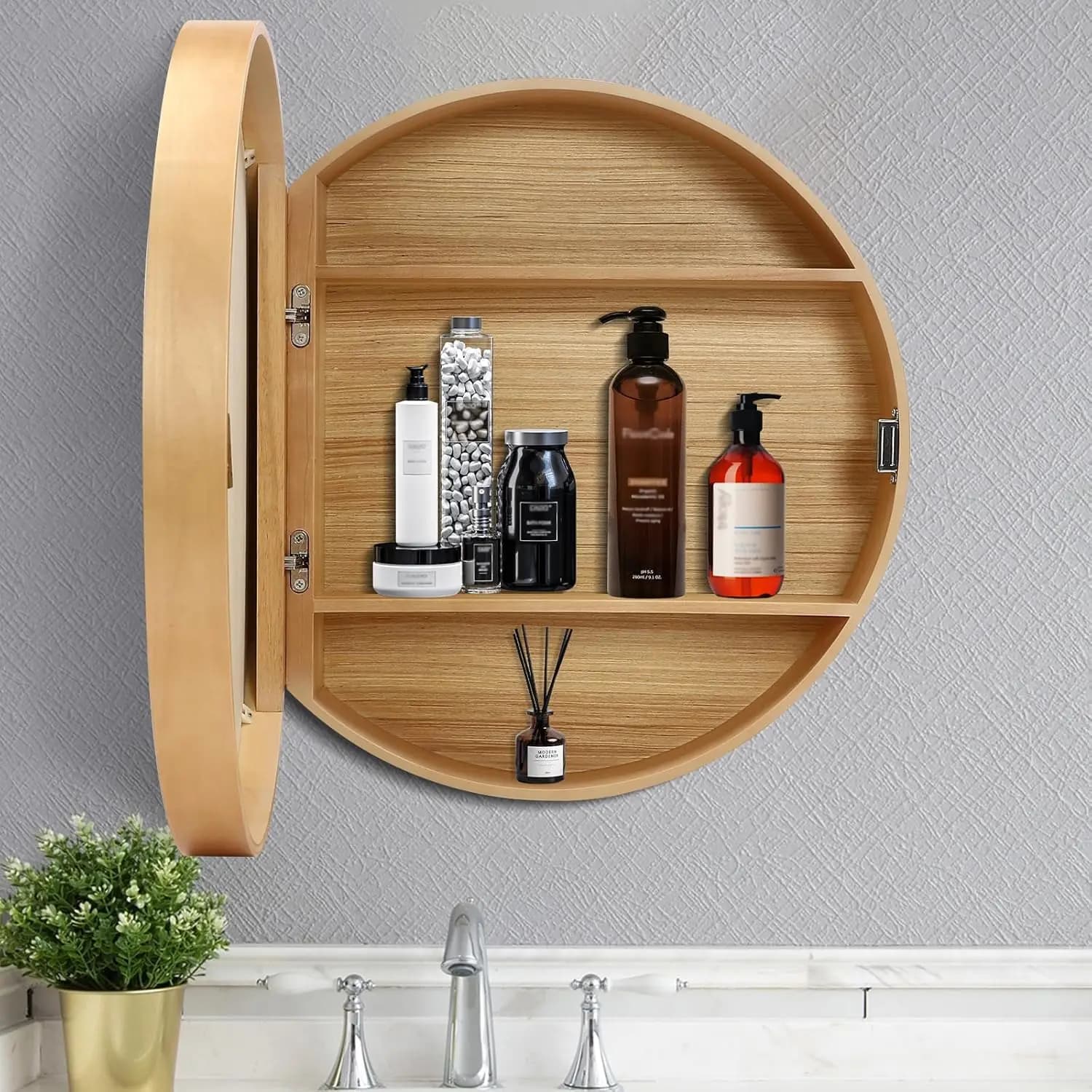 Armadietto Rotondo per Medicinali da 20 Pollici, Specchio da Bagno a Parete con Vano Portaoggetti in Legno, Personalizzabile
