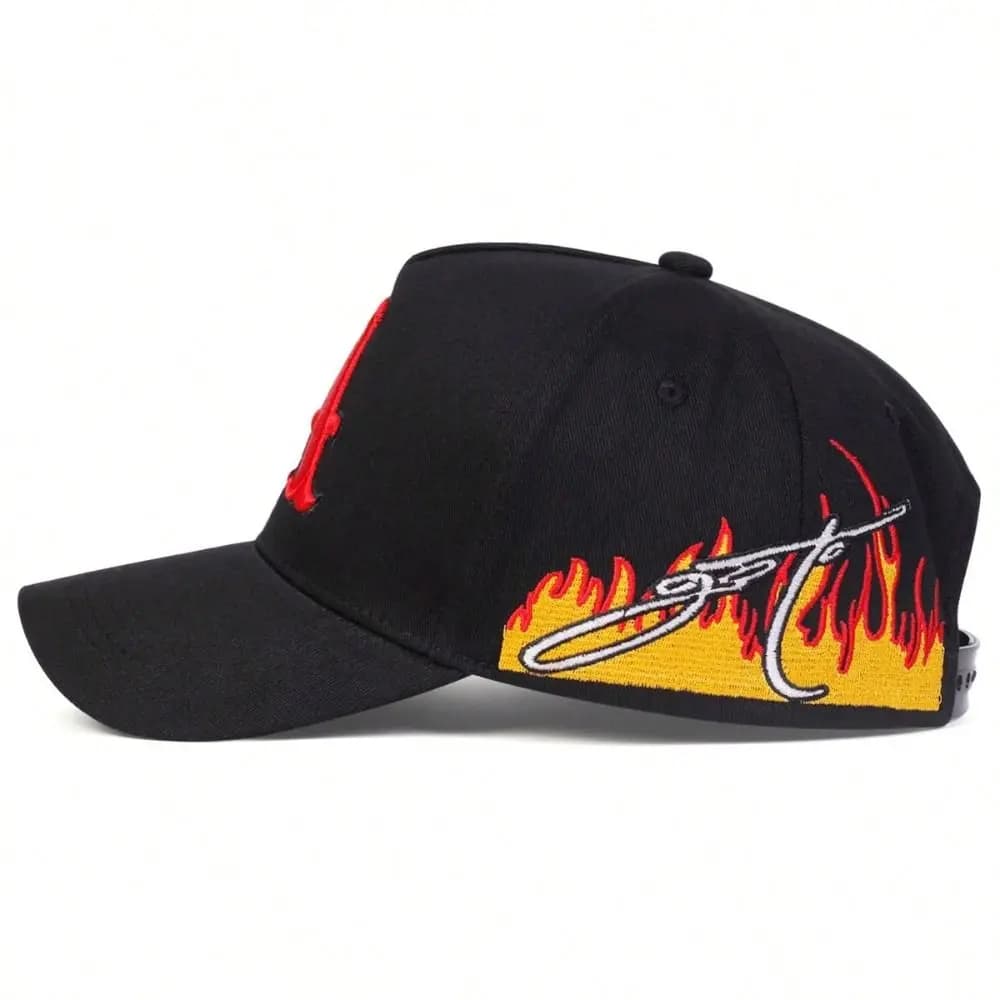 Casual Flame Baseball Cap Cotton Adjustable Dad Hat Hip-hop Red Letter A Embroidery Streetwear Cap For Men Women
