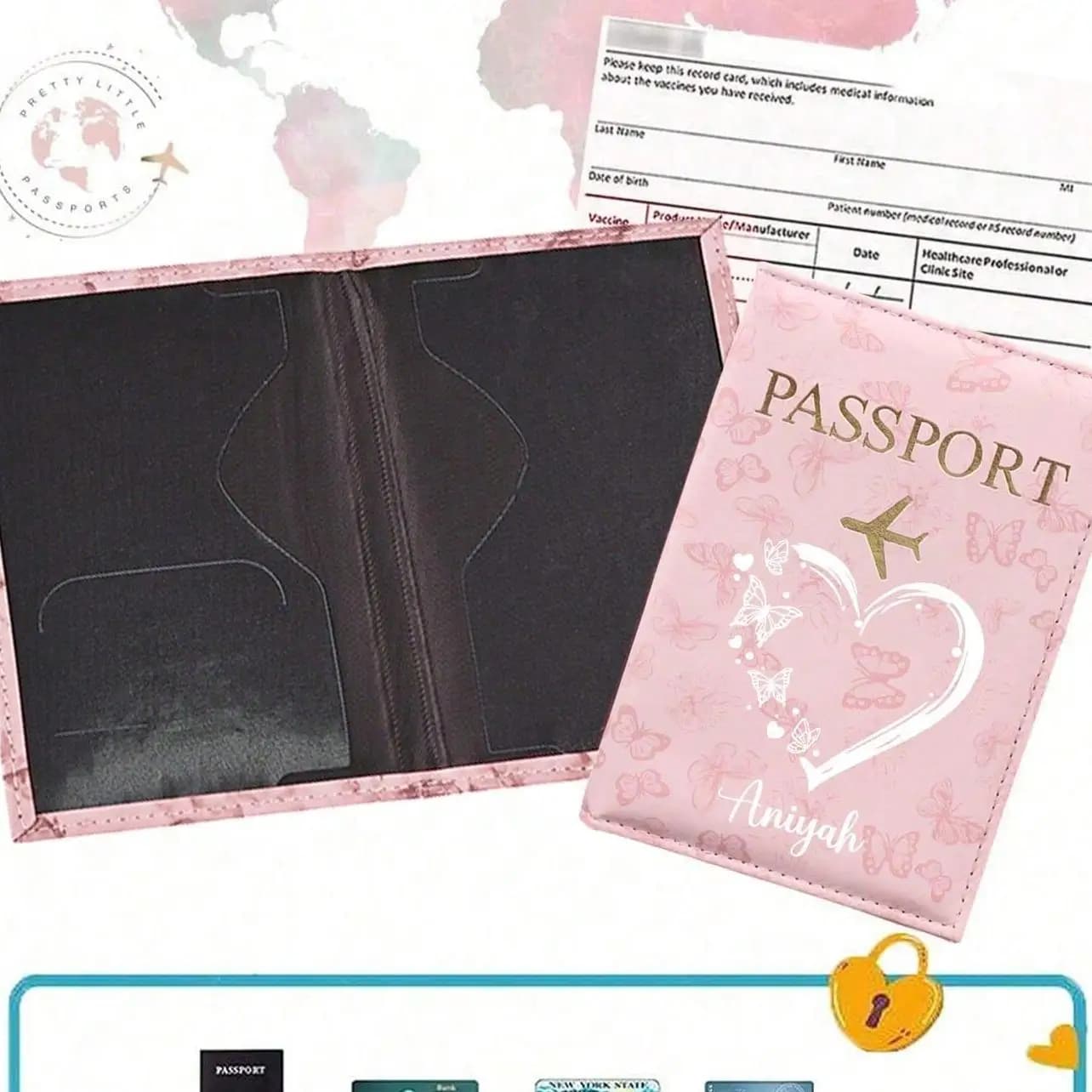 Custom Name Passport Holder, Butterfly Love Pattern Travel Document Organizer Card Case, Unisex Passport Wallet