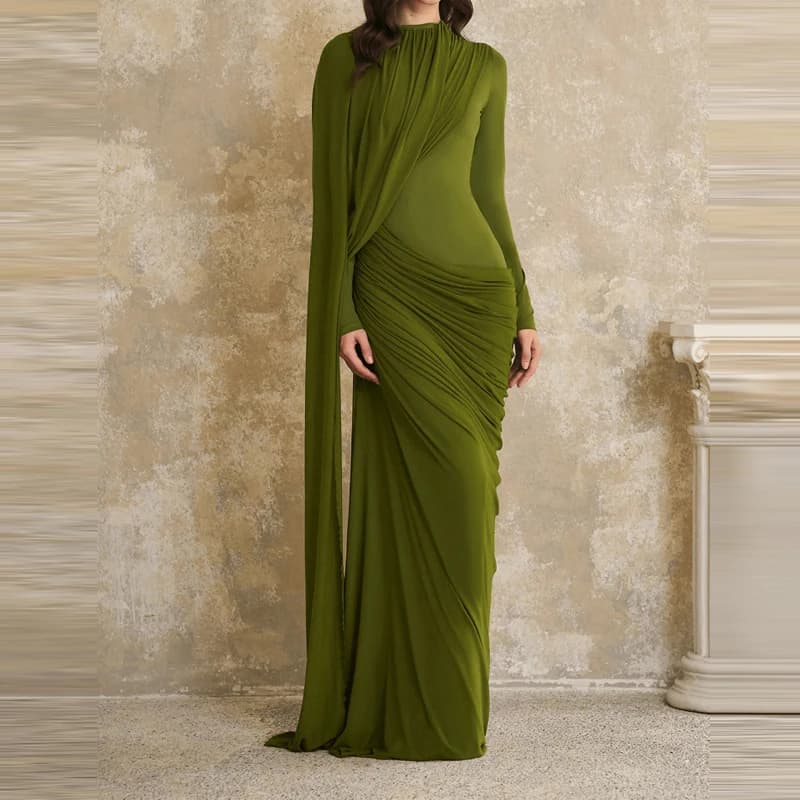 Stylish Spring Dress with Design Draped and Slim fit, High Waist Dress with Round Neck and Long Sleeves for Elegant Evening