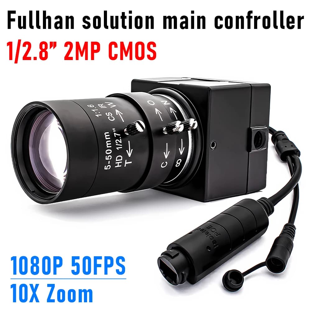 Telecamera IP Full HD 1080P 50FPS con Lente Varifocale 5-50mm, Alloggiamento in Metallo, POE, Onvif, RTSP, Telecamera di Sicurezza CCTV per Visione Artificiale