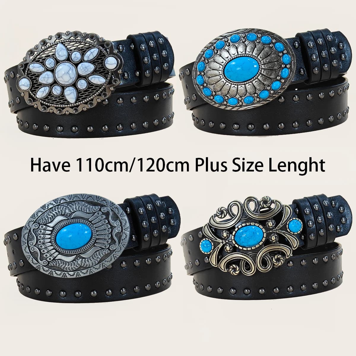 Cintura casual punk con rivetti in stile western, in pelle PU con fibbia turchese, per uomo e donna, ideale per l'uso quotidiano e per abbinare con jeans in stile gotico.