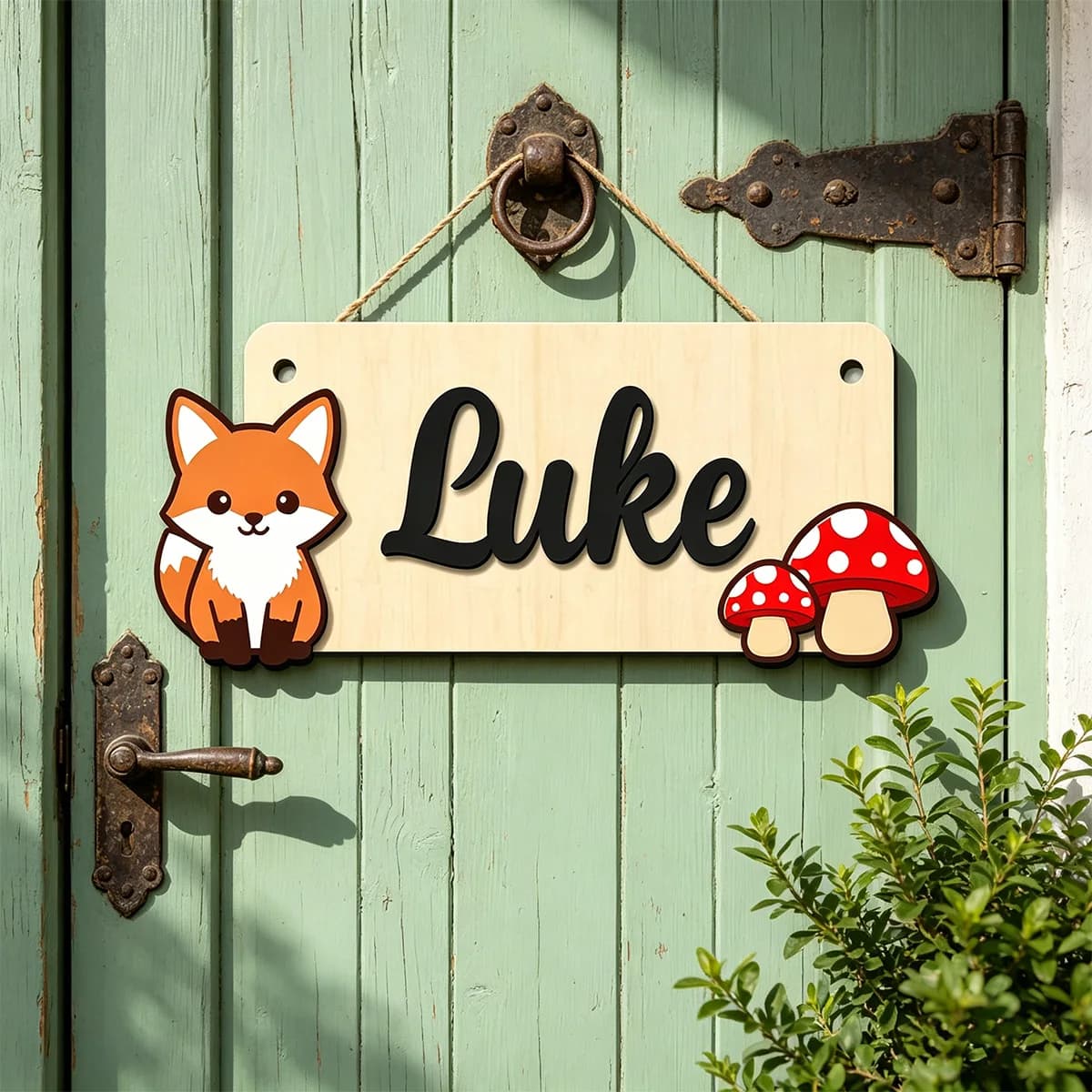 1pc wooden surname brand for children's room, creative cartoon fox pattern, customized exclusive name, with hanging rope
