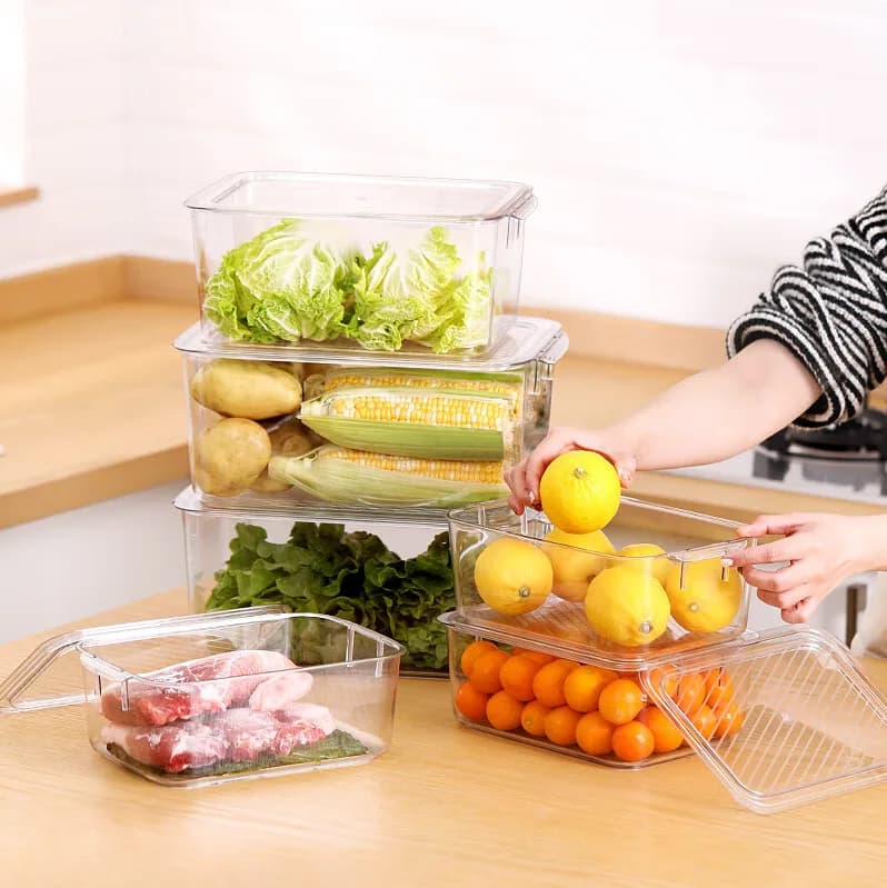 Scaffale per la gestione dell'organizzazione del frigorifero, scatola di conservazione fresca trasparente annidata, scatola di refrigerazione per la classificazione degli alimenti