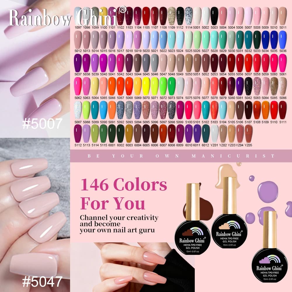 Rainbow Ghini 146 Colors 15ML Colorful Nail Polish Soak Off UV LED Professionals Gel Varnish Base Matte Top Coat HEMA/TPO FREE