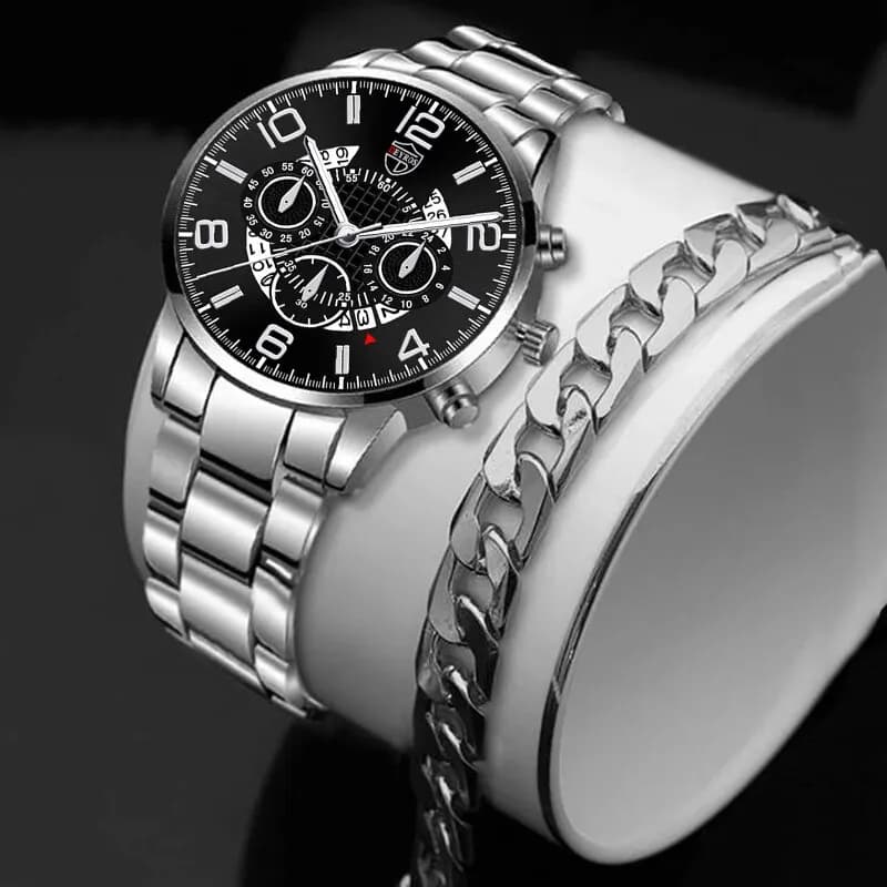 Set di orologi da polso da uomo alla moda da 2 pezzi Set di orologi da polso casual da uomo d'affari in acciaio inossidabile argento sportivo da uomo di lusso