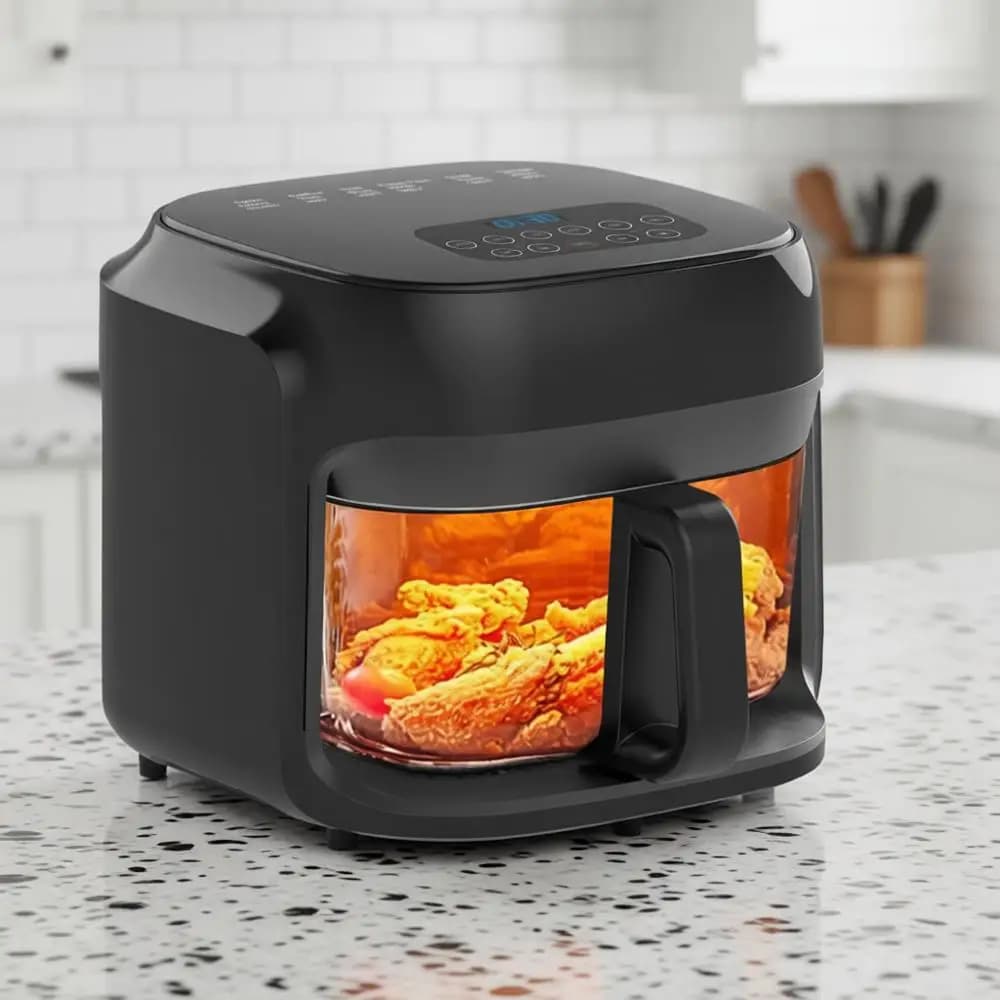 Glass Air Fryer, 7.5QT with Transparent Bowl, Circular Heating, Temperature Control, Air Cooking, Dishwasher Washing Machine