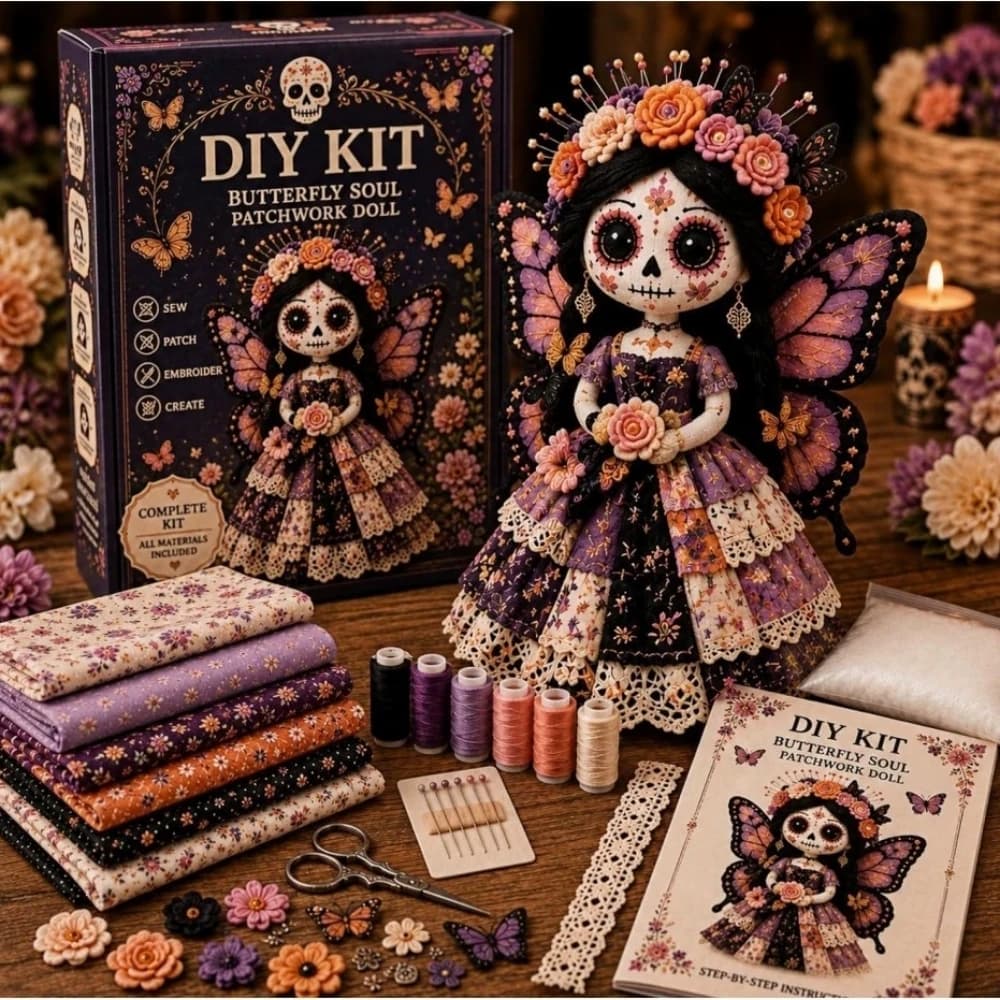 Halloween Handmade Patchwork Doll DIY Kit,Sewing Craft Material Set, Festival Party Decor,Day of The Dead Style Doll Making Gift