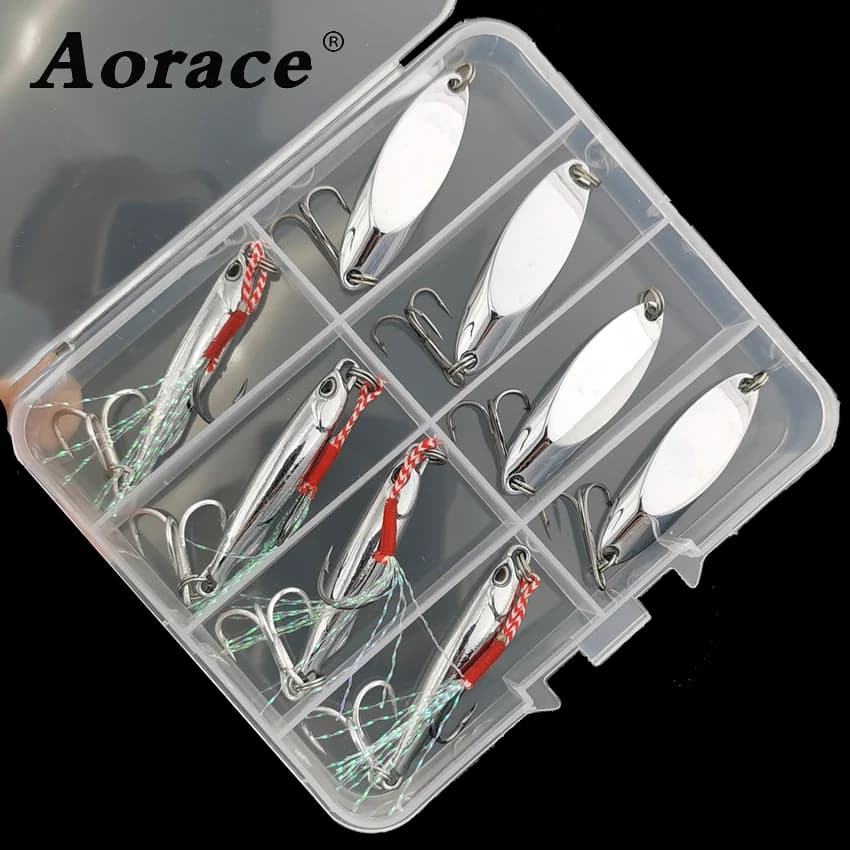 Aorace 8 Pz/set Nastro di Metallo Jig Cucchiaio Spinner Richiamo di Pesca Wobbler Set di Esche con Attrezzatura Da Pesca Box Kit Per La Pesca