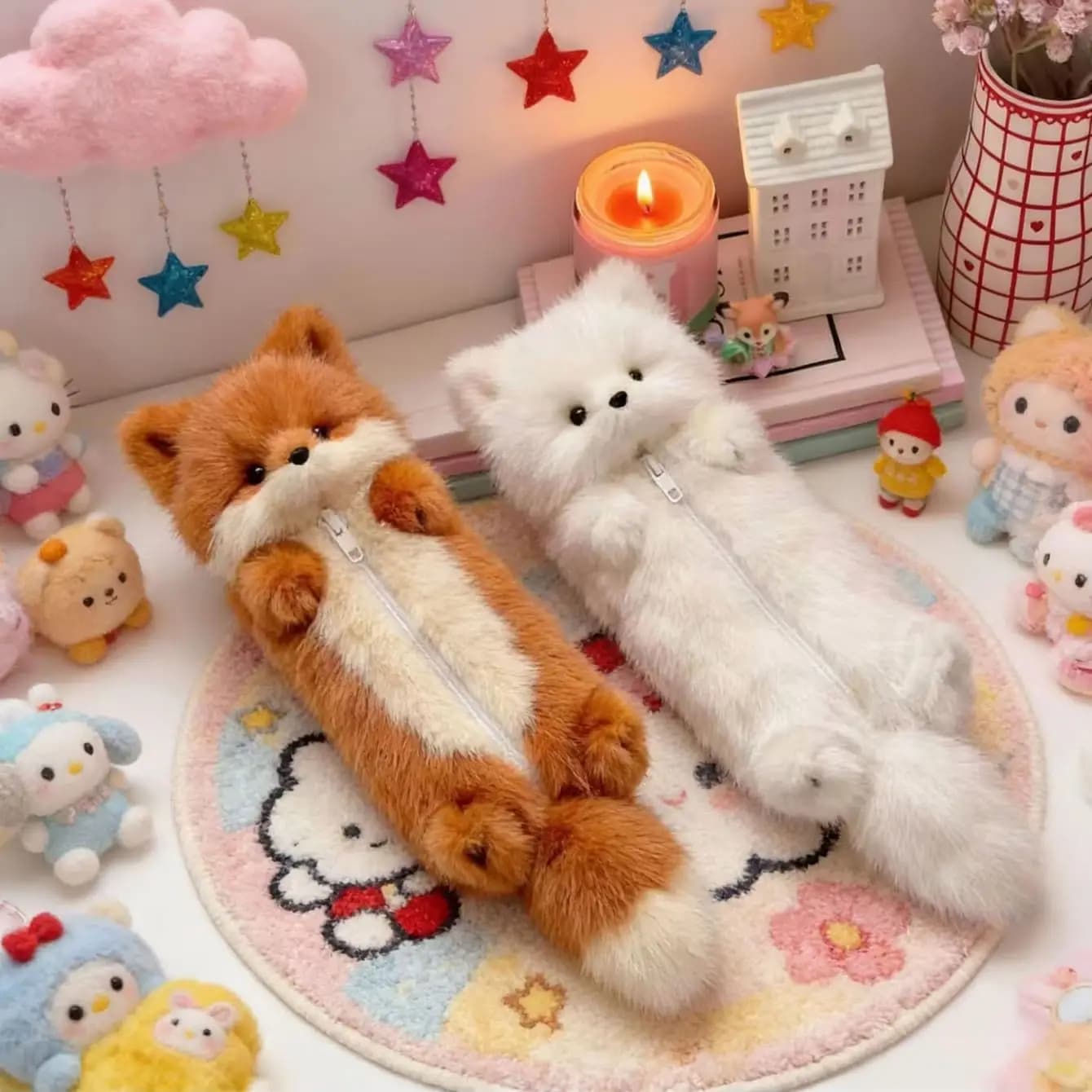 Plush cute little fox plush pencil case zipper bag stationery storage bag large capacity stationery storage bag