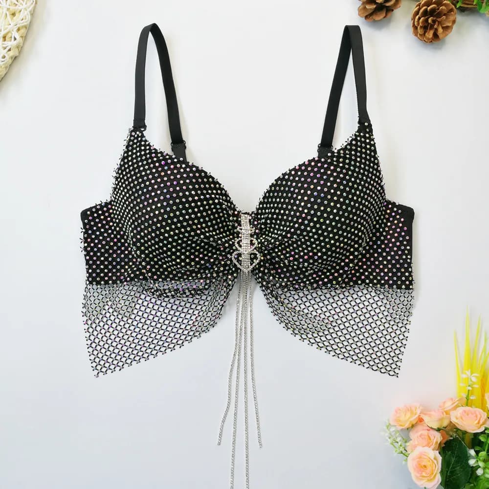 lingerie sexy per adulti da donna personalizzata rete da pesca reggiseno tempestato di diamanti corsetto a farfalla ciondolo a cuore nappa canotta gilet xxxn