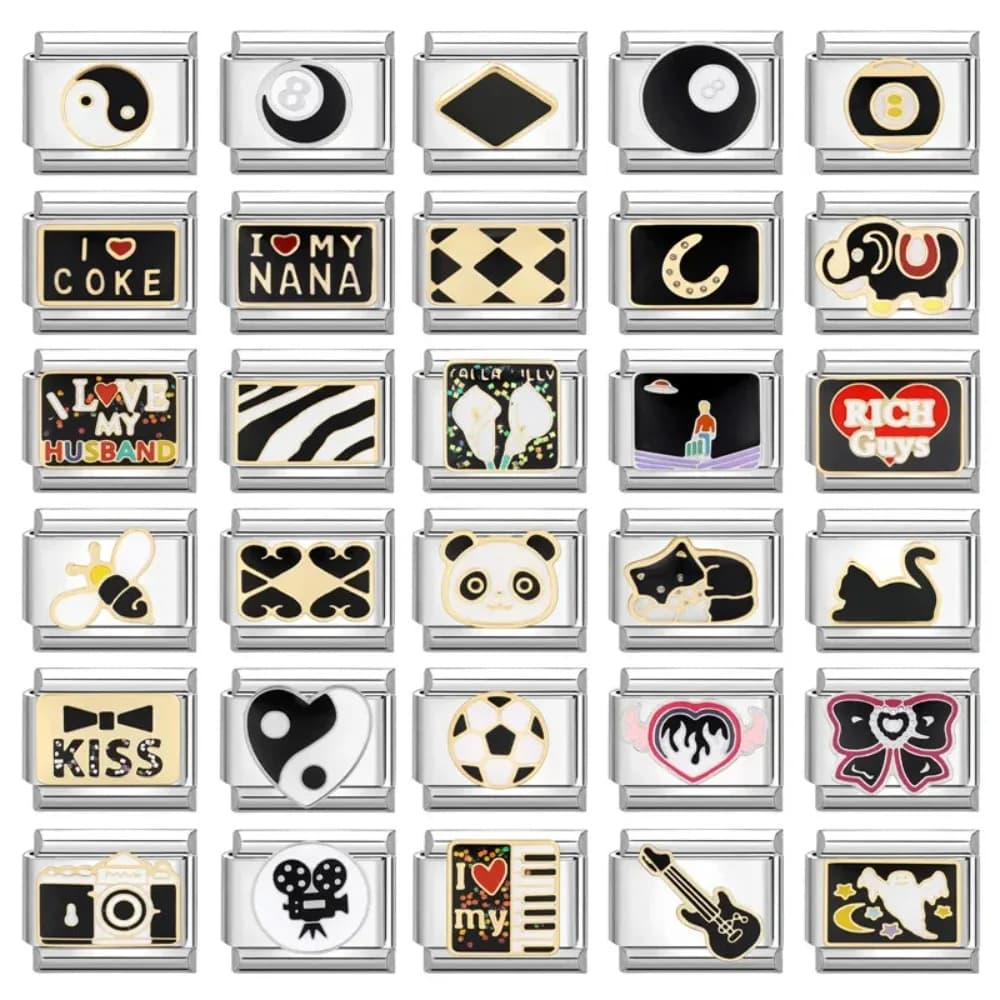 Fashion Black Heart Cat Moon Piano Camera Italian Charm Links Fit 9mm Stainless Steel Bracelet Making Diy Jewelry Wholesale
