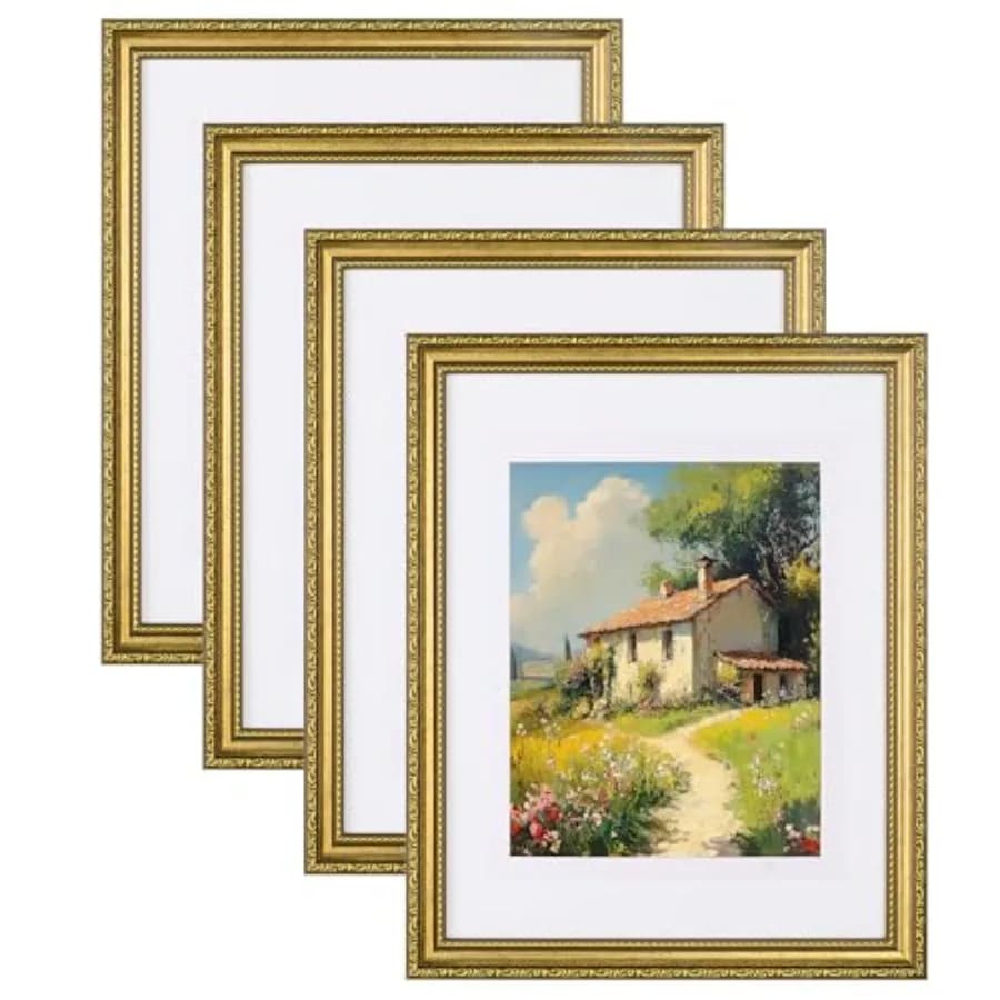 Picture Frames Set of 4, Vintage Photo Frame with Glass Cover, Frames 11 x 14 Display Photo with Mat or without Mat for Tableto