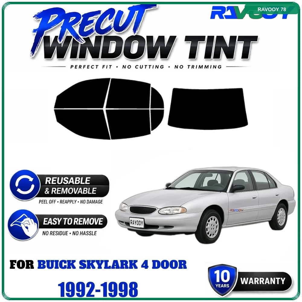 RAVOOY Precut Window Tint, Reusable Removable EPU Film, Custom Fit for Buick Skylark 4 Door 1992-1998, UV Heat Protection