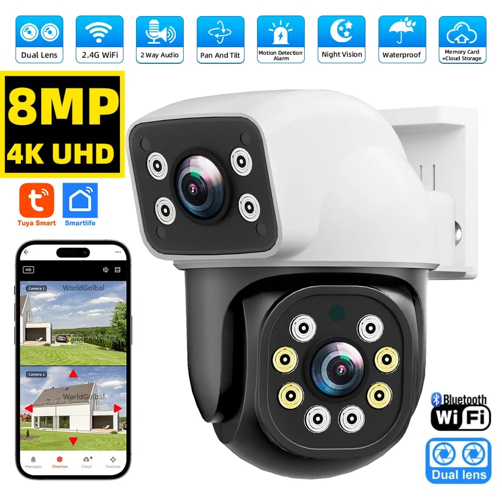 Tuya 8MP 4K WIFI IP camera PTZ Double lens Double screen Motion detection Camera surveillance outdoor color night security Tuya