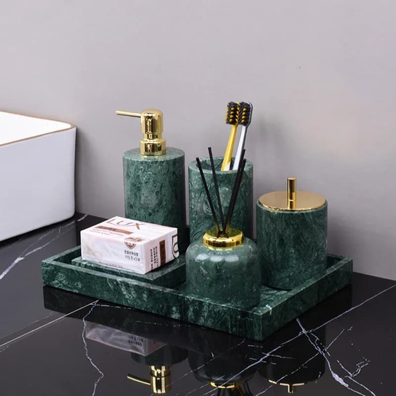Set da Bagno in Marmo Verde Scuro Naturale, Stile Nordico di Lusso, Portaspazzolino, Dispenser Sapone, Kit per Bagno