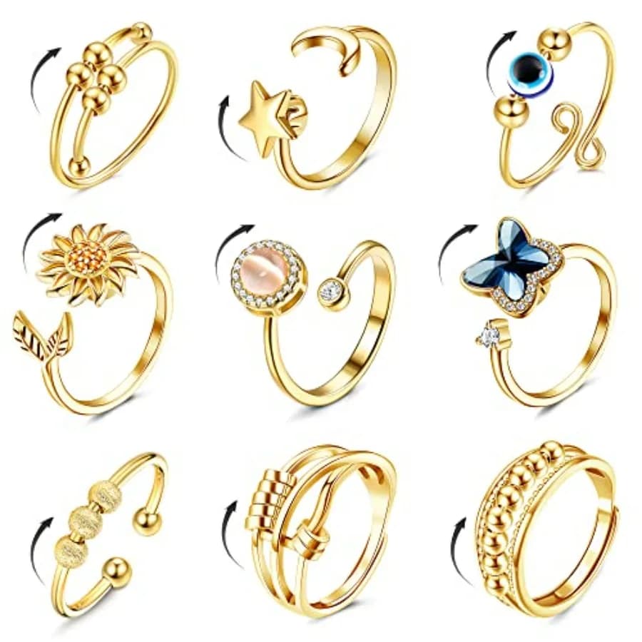 Set di 9 Anelli Antistress per Donne e Uomini, Anelli Girevoli per Alleviare Ansia e Stress, con Fiori, Luna e Stelle in Zirconia Cubica