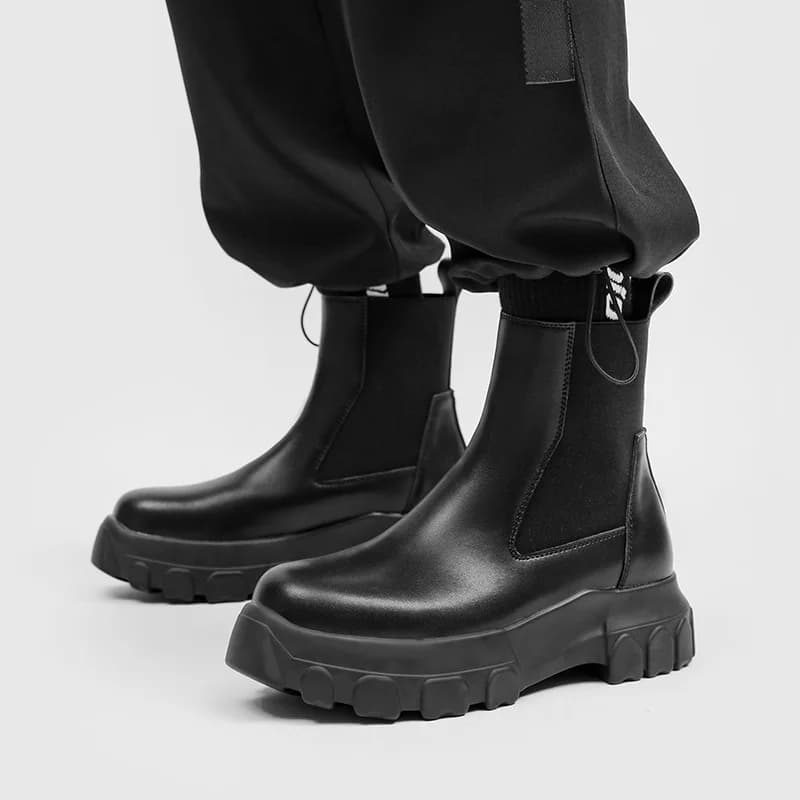 Chelsea men's boots in real leather with zip and platform, raised ankle shoes, vintage luxury casual sneakers High Street Gothic Owen