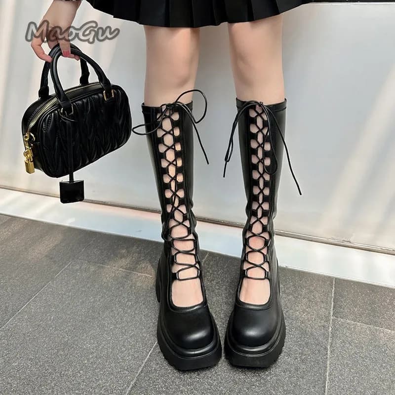 Summer Women's Knee Boots Shoes With Platform Strings Fashion Women's Elegant Brown Black Digging Out Cool Nightclub Knight Botas