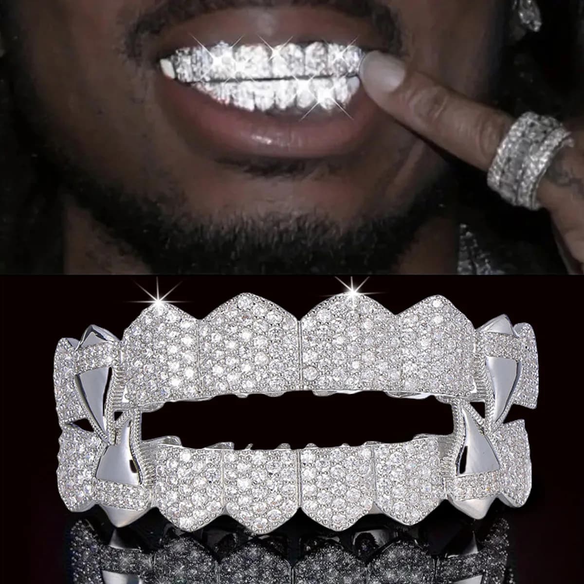 RACHELZ Misto 8/8 Fondo Superiore Iced Out CZ Pietra Denti Griglie Hip Hop Lucido Zircone Dente Caps Per Le Donne Degli Uomini Gioielli Zanne regalo