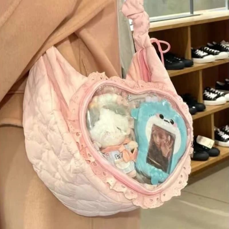 Borsa a Tracolla Rosa Carina da Donna, Stile Lolita JK, con Cuore Plissettato, Borsa Ita con Coulisse, Stile Balletto, Dolce e alla Moda
