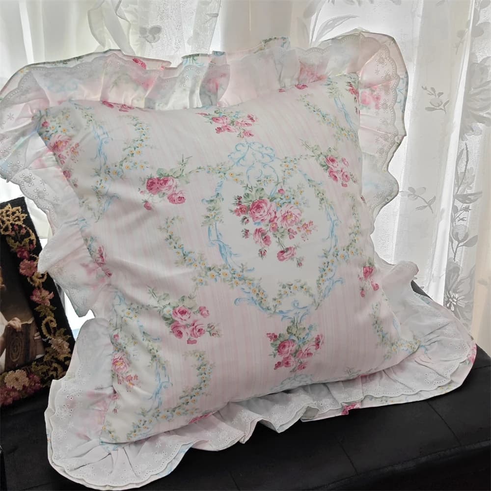 Korean Style Pastoral Small Floral Pillow Princess Style Pure Cotton Lace Ruffled Sofa Bedroom Dormitory Office Pillow Cushion