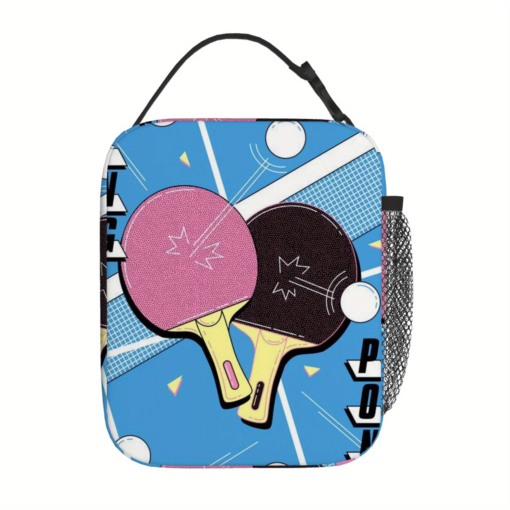 Table Tennis Paddles with Balls on Blue Background Lunch Box Insulated Lunch Bag Tote for Boys Cooler Freezable Meal Prep Bag